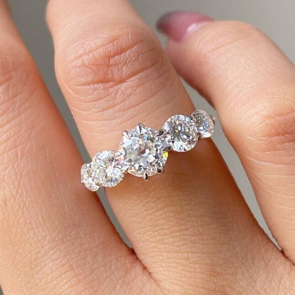 Old European Cut Moissanite Ring Five Stone Engagement Ring For Women 925 Silver Art Deco Ring Trellis Set Wedding Ring Anniversary Ring