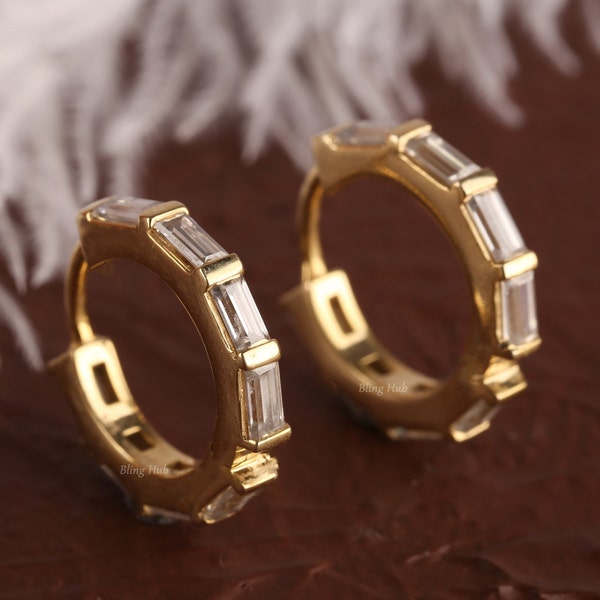 Baguette Cut Huggie Earrings Moissanite Hoop Earrings 14K Solid Gold Earrings Wedding Earrings For Women Minimalist Earrings Diamond Earring