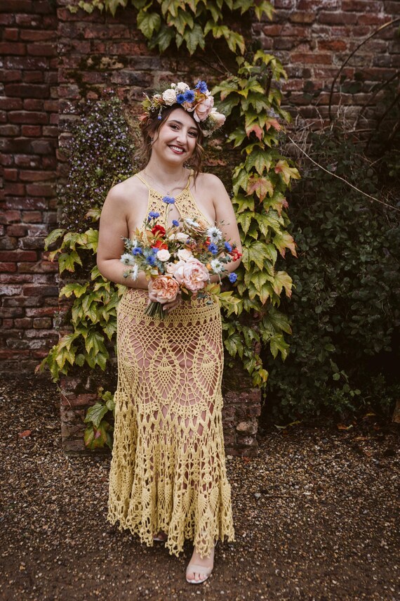 lemon crochet dress Plunge Cut Out Open Back Maxi Dress In Lemon Crochet Knit | EGO US