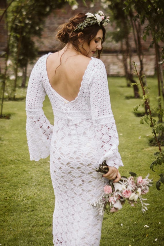 Handmade White Crochet Wedding Dress | Boho Bell Sleeves Bridal Gown, Size  14
