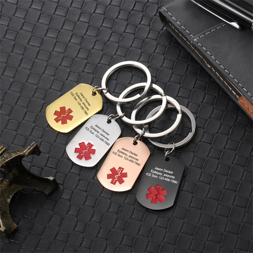 4 Color Stainless Steel Medical Alert Keychain, Custom Medical ID