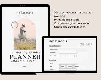 May include: A digital planner for equestrian enthusiasts. The cover features a white horse in a field of flowers. The planner includes 30+ pages of equestrian related planning, printable and fillable, and is customizable to your own horse. The planner is simple and easy to follow.