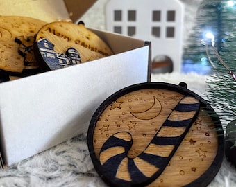 Handmade Wooden Christmas Baubles - Two-Layered Holiday Ornaments (Set of 5)