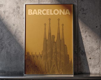 Barcelona Travel Poster, Sagrada Familia Print, Vintage Sepia Wall Art