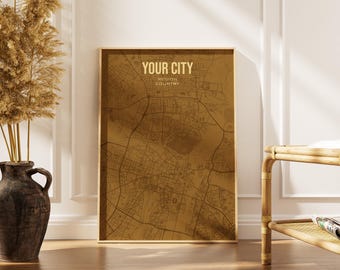 Vintage Sepia City Map Poster, Minimalist Travel Wall Art