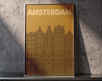 Amsterdam Canal Houses Print, Vintage Sepia Netherlands Travel Poster
