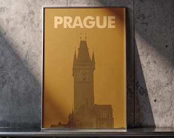 Prague Travel Poster, Vintage Sepia Old Town Hall Print