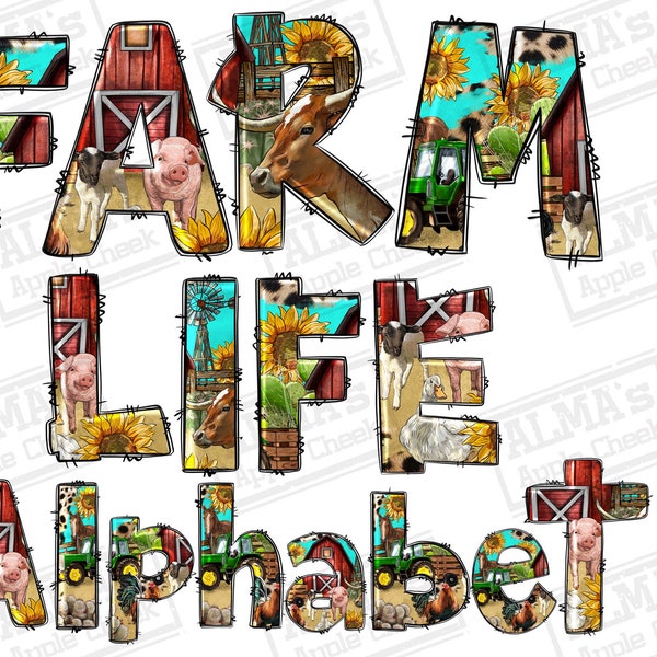 Farm life alphabet thumbnail png files bundle, Farm doodle letters png, Farm letters png, Farm love png, sublimate designs download