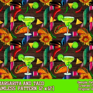 May include: A seamless pattern featuring margaritas, tacos, limes, chili peppers, and sunflowers on a woodgrain background. The pattern is in a vibrant color palette of green, yellow, red, orange, and blue.