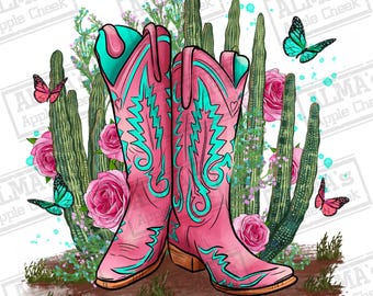 Cowgirl boots cactus and flowers png sublimation design download, western boots png, pink boots png, Cowgirl png, sublimate designs download