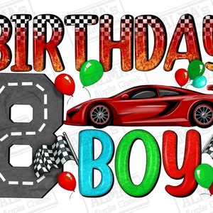 Könnte beinhalten: Ein rotes Rennwagen mit schwarzen karierten Flaggen, Ballons und den Worten "Birthday 8 Boy" in bunten Buchstaben.