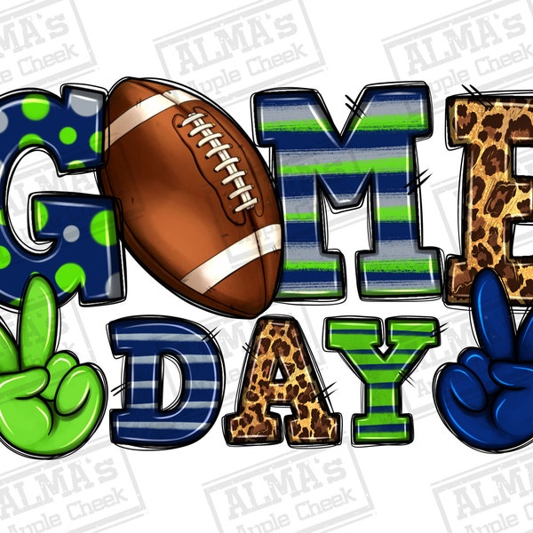Game day green and blue team color png sublimation design download, American Football, western game day png, sublimate designs download