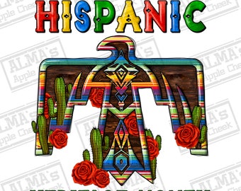 Puede incluir: Un diseño gráfico para el Mes Nacional de la Herencia Hispana. El diseño presenta un pájaro estilizado con un patrón colorido, cactus y rosas rojas. Las palabras "NATIONAL HISPANIC" y "HERITAGE MONTH" se muestran en texto en negrita y colorido.