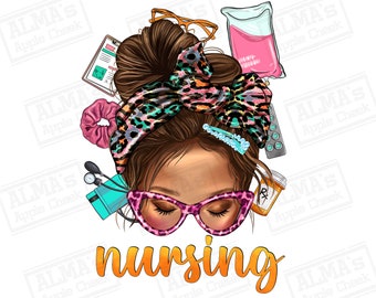 Pão bagunçado Enfermagem com óculos de leopardo download de design de sublimação png, vida de enfermeira png, enfermeira afro png, coque bagunçado png, download de designs