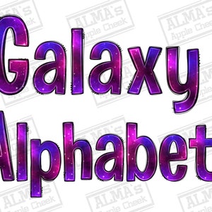 May include: A digital design featuring the words "Galaxy Alphabet" in large, bold letters. The letters are filled with a vibrant purple and pink galaxy pattern, outlined in black. The design includes the text "ALPHABET LETTERS (67 PNG FILES)".