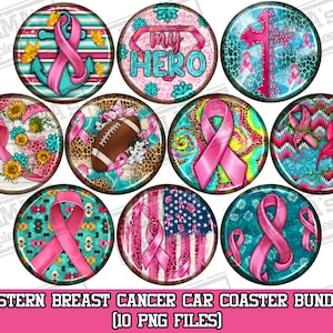 Western Breast Cancer car coaster png sublimation design bundle, Breast Cancer png, Cancer Awareness png, sublimate designs download