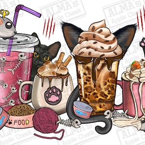 Cat coffee cups png sublimation design download, coffee love png, coffee time png, animal png, cat png, sublimate design download