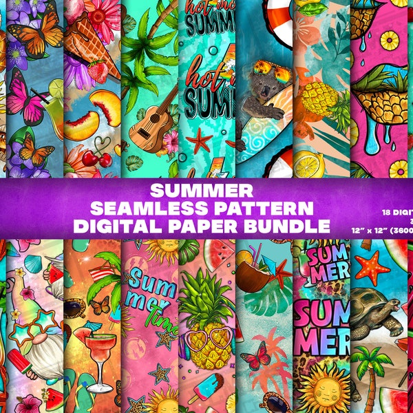 18 digitales Papier, nahtloses Sommermuster, digitales Papierpaket Png, Sommermuster png, druckbare Scrapbook-Papiere, digitales Papier Png