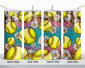 Softball mit Gänseblümchen und Leopard 20 Unzen dünner Becher png, Becher wrap png, Softball 20 oz Becher designs, Becher png,becher png herunterladen