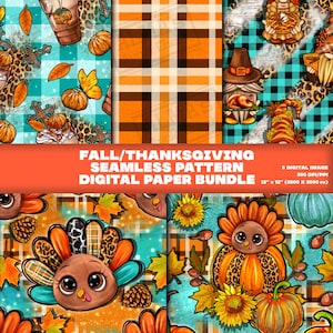 Thanksgiving Seamless Pattern Bundle, 5 Thanksgiving Seamless Pattern Png, Printable Thanksgiving Scrapbook Papers, Digital Paper Png