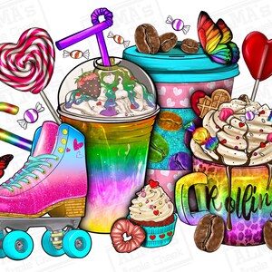 May include: A colourful illustration of a roller skate, a coffee cup, a milkshake, a cupcake, and lollipops. The coffee cup has the word "Rolling" on it. The illustration is in a cartoon style.