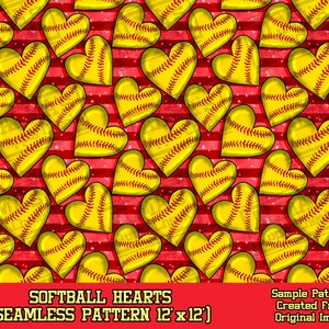 Puede incluir: Un patrón sin costuras con rayas rojas y blancas con corazones de softball amarillos. El patrón mide 12 pulgadas por 12 pulgadas.