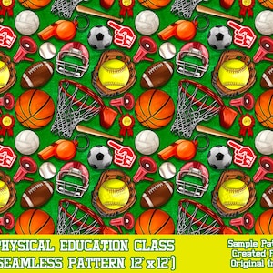 May include: A seamless pattern featuring various sports equipment, including a basketball, football, baseball, soccer ball, softball, and a basketball hoop. The pattern is set against a green background with red, white, and blue accents.