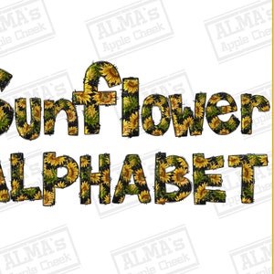 May include: Sunflower alphabet letters in black with a sunflower pattern. There are 67 letters in total.