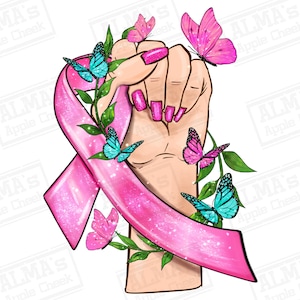 Op de afbeelding: Een roze lint met glitter, gebonden in een strik, met een hand die het omhoog houdt. Het lint is omgeven door groene bladeren en roze en blauwe vlinders.