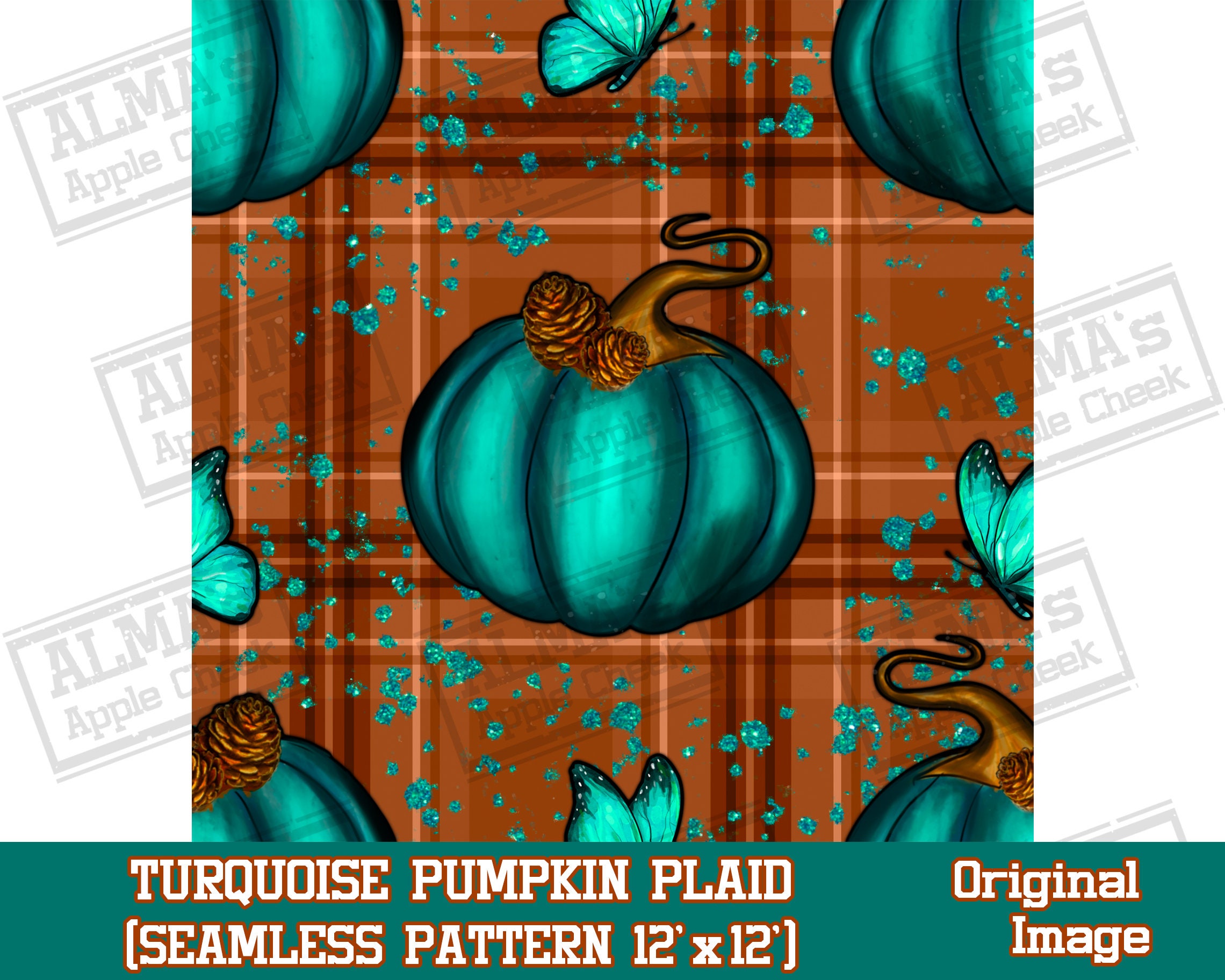 Turquoise Pumpkin Plaid Seamless Pattern Digital Paper, Fall Pumpkin ...
