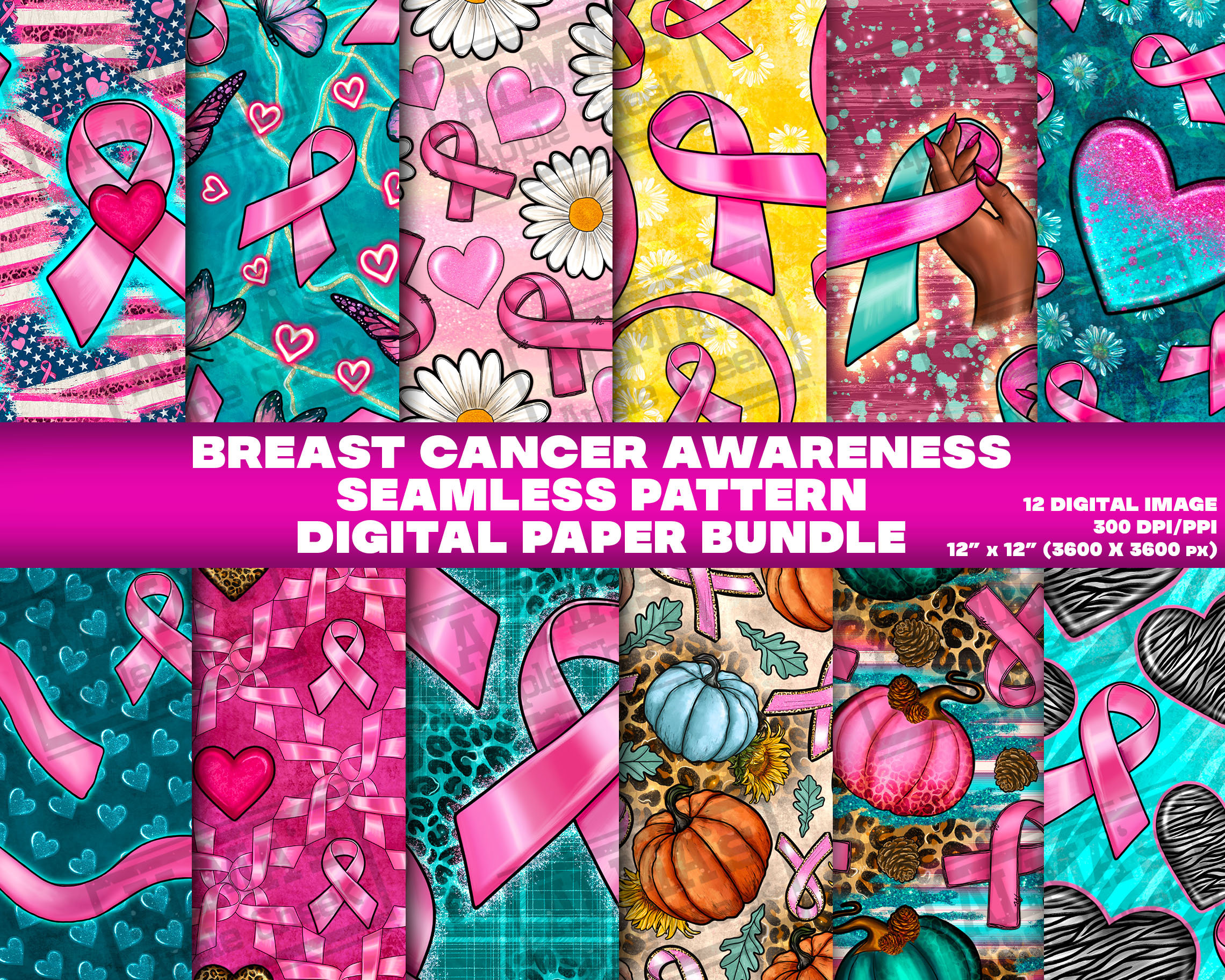 12 Digital Paper, Breast Cancer Awareness Seamless Pattern Digital ...
