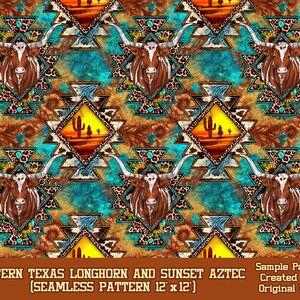 Western Texas longhorn and sunset aztec seamless pattern digital paper,Texas longhorn digital seamless pattern png,printable scrapbook paper