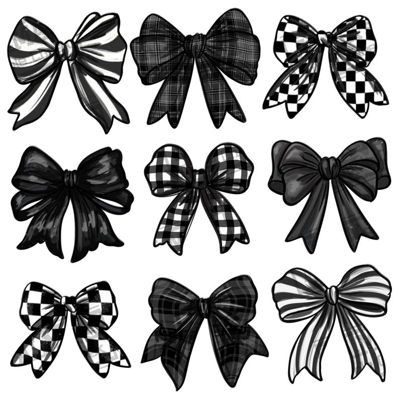 May include: Nine black and white bow designs with different patterns. The bows are all tied in a knot and have a classic shape.