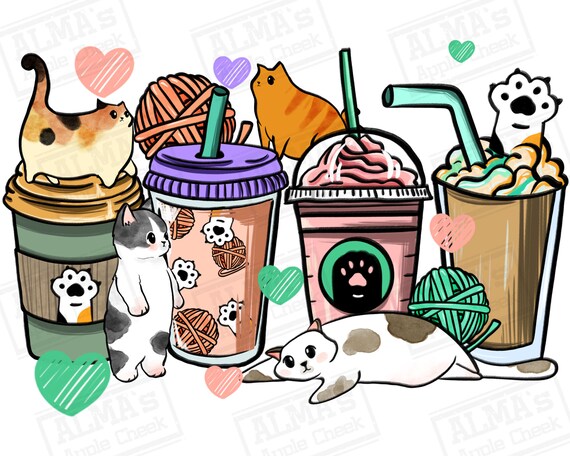Cat coffee cups png sublimation design download, coffee love png, animal png, cat paw png, cat png, sublimate design download