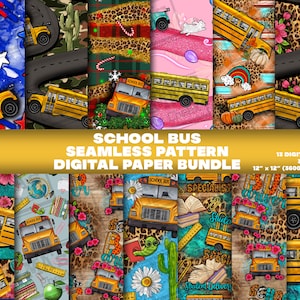 13 Digital Paper, School Bus Seamless Pattern Digital Paper Bundle Png, Printable School Scrapbook Papers, Png Bundle, Digital Paper Png