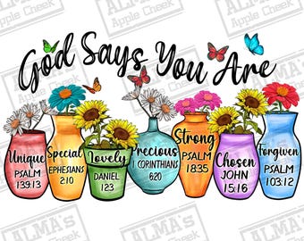 Dios dice que eres único, descarga de diseño de sublimación PNG, PNG cristiano, PNG de versículo bíblico, PNG floral, descarga de diseños de sublimación
