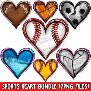 Sports heart png sublimation design bundle, sports png, game day png, football png, baseball png, softball png, sublimation designs download