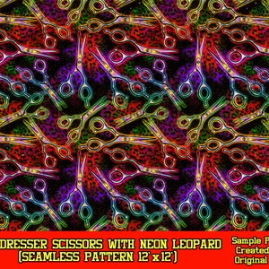 May include: A seamless pattern of neon-outlined hairdresser scissors against a leopard print backdrop. The scissors are in vibrant colours like green, purple, and orange. The text "HAIRDRESSER SCISSORS WITH NEON LEOPARD (SEAMLESS PATTERN 12'x12')" is at the bottom.