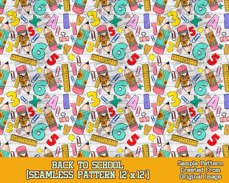 Puede incluir: Un patr&oacute;n sin costuras con un fondo blanco con textura de madera. El patr&oacute;n incluye n&uacute;meros coloridos, l&aacute;pices, reglas, clips y estrellas. El texto "Back to School (Seamless Pattern 12' x 12')" est&aacute; en la parte inferior de la imagen.