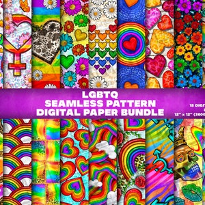 May include: A digital paper bundle featuring 18 LGBTQ+ themed seamless patterns. The patterns include rainbows, hearts, flowers, and other symbols of pride. Each pattern is 12 inches by 12 inches and 300 DPI.