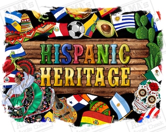 Puede incluir: Un gráfico colorido que celebra la Herencia Hispana. El diseño presenta las palabras "Hispanic Heritage" en letras vibrantes sobre un fondo de madera, rodeado de banderas, un balón de fútbol y símbolos culturales.