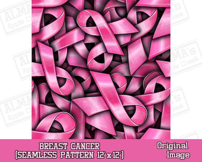 May include: A seamless pattern featuring pink ribbon designs, symbolizing breast cancer awareness. The pattern is 12 inches by 12 inches.