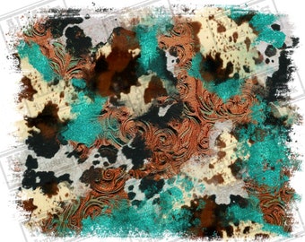 Turquoise glitter cowhide tooled leather background png, western patterns png, western background png, sublimate designs download