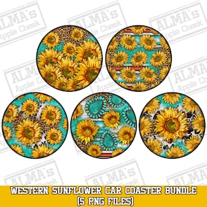Western sunflower car coaster bundle png sublimation design bundle, car coaster png, sunflower design png, sublimate designs download