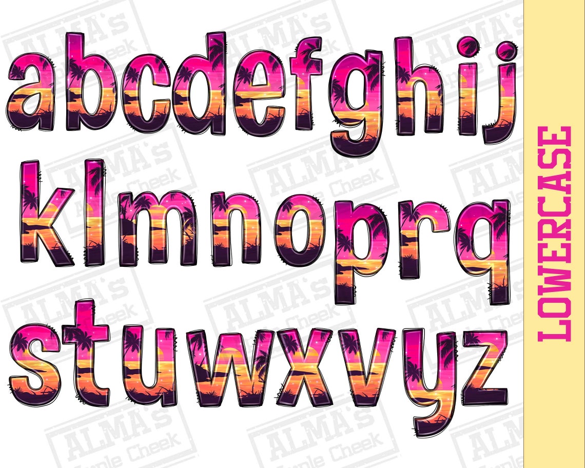 Sunset Beach Alphabet Thumbnail Png Files Bundle, Sunset Doodle Letters ...