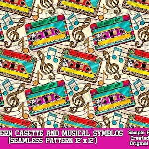 Western casette and musical symbols seamless pattern digital paper, casette digital seamless pattern png, printable scrapbook paper