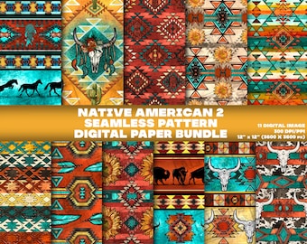 11 papel digital, paquete de papel digital de patrón sin costuras nativo americano Png, papeles de álbum de recortes Boho imprimibles, paquete Png, papel digital Png