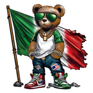 Può includere: Un orsacchiotto marrone con occhiali da sole, una catena d'oro e jeans strappati, che tiene una bandiera italiana. L'orso indossa scarpe da ginnastica rosse e bianche sul piede sinistro e scarpe da ginnastica verdi e bianche sul piede destro.