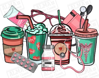 Nurse coffee cups png sublimation design download, Nurse png, Nursing png, coffee time png, coffee love png, sublimate designs download