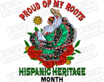 Puede incluir: Una ilustración colorida de una mujer con un vestido verde y negro bailando. El texto "Proud of my Roots" está escrito en un círculo a su alrededor. Debajo de ella está el texto "Hispanic Heritage Month".
